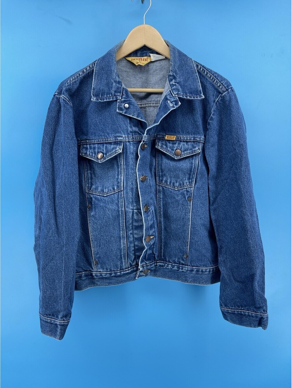 VTG Rustler Denim Jacket Men’s L Made USA Blue Trucker 100% Cotton Western